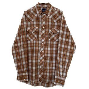 Vintage Wrangler Western Shirt Men Large Brown Plaid Pearl Snap 90s Cowboy